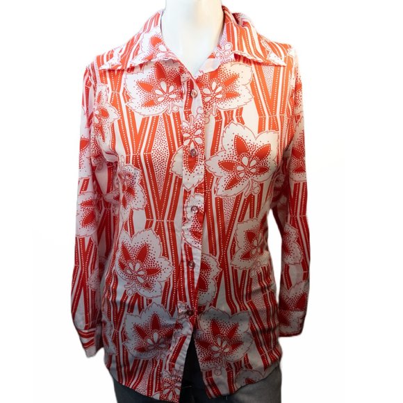 Vintage 70s Pykettes Size Small Shirt Red White Floral Button Up Disco Top - Picture 1 of 10